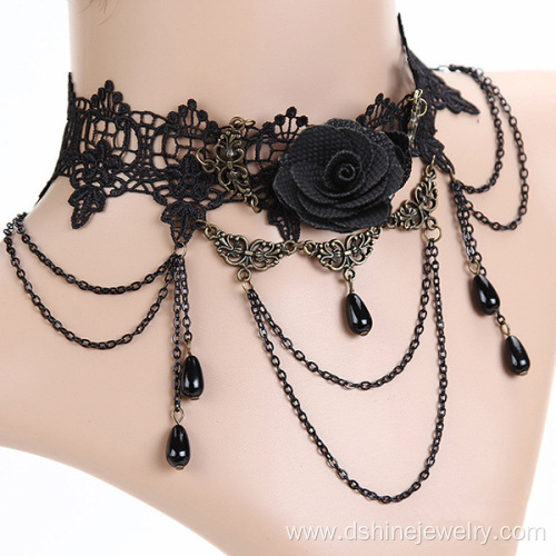 Rose Lace Charm Necklace Metal bib Necklace Choker